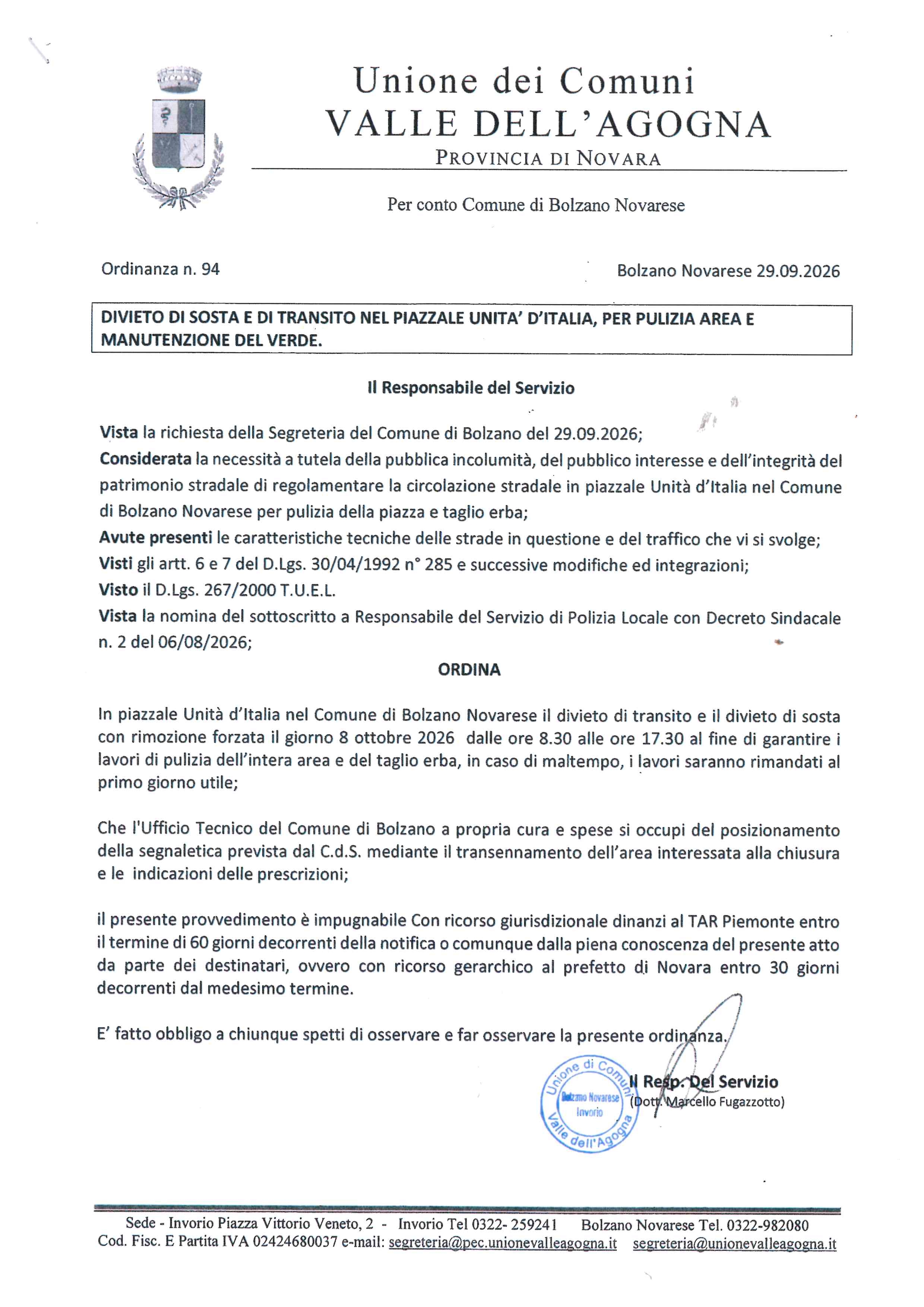 Ordinanza n. 94 del 29.09.2026
