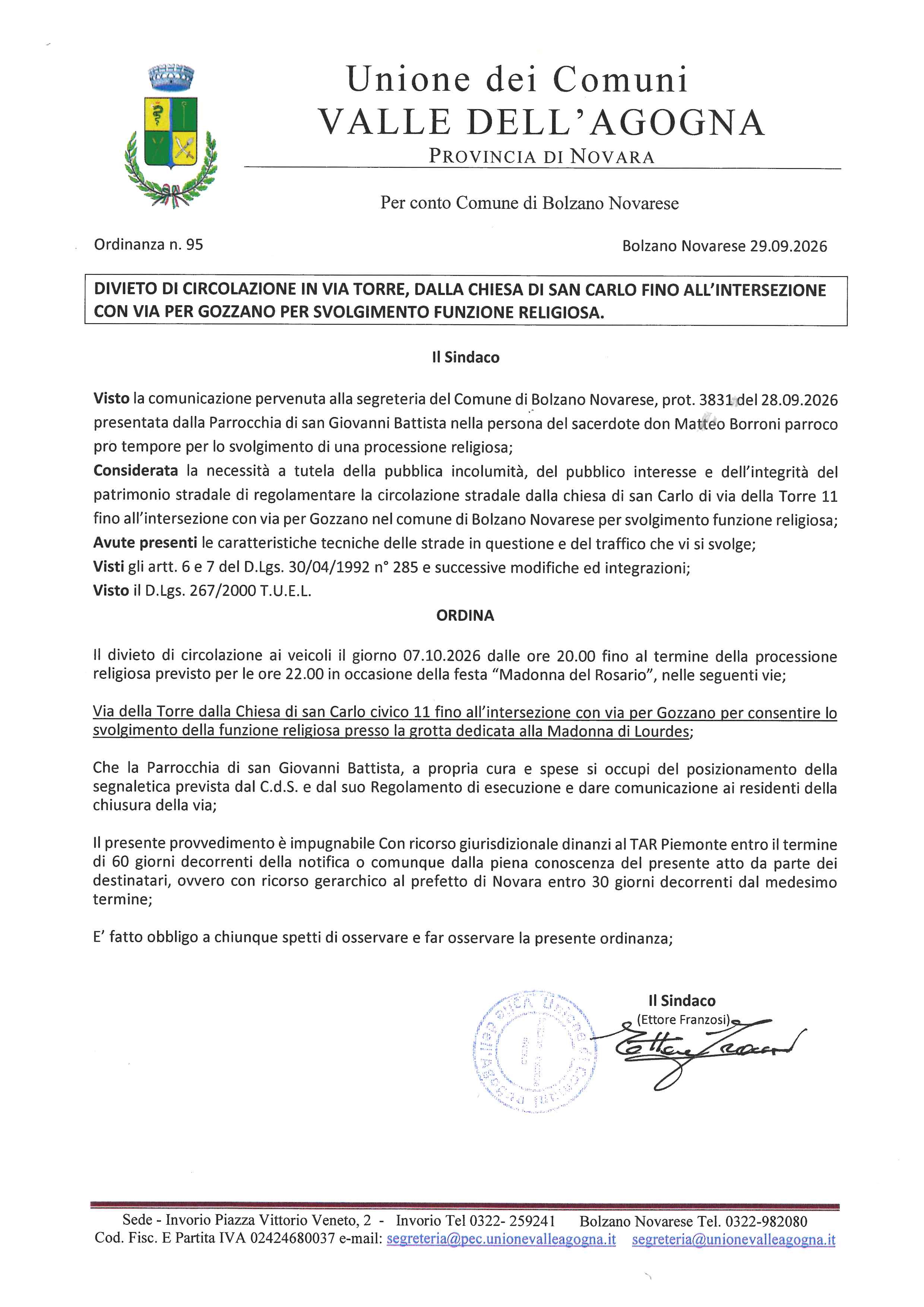 Ordinanza n. 95 del 29.09.2026 
