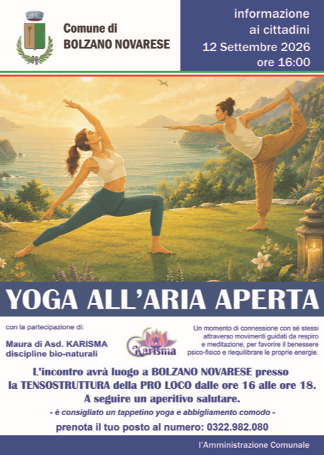 Yoga all'aria aperta
con la partecipazione di Maura di Asd. KARISMA
Sabato 12 settembre 2026 
ore 16.00 presso la tensostruttura della Pro Loco Bolzano Insieme
a seguire un aperitivo
