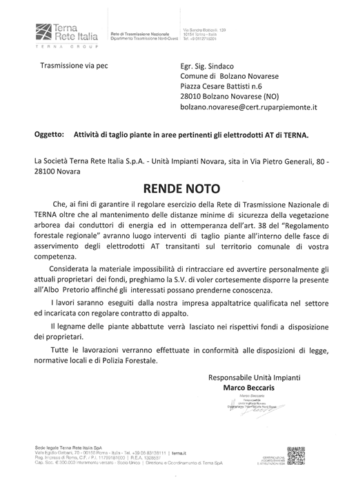Terna Rete Italia 
Attività di taglio piante in aree pertinenti gli elettrodotti AT di TERNA