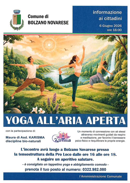 Yoga all'aria aperta
6 giugno 2026 ore 16.00
presso tensostruttura della Pro Loco Bolzano Insieme  - Via Bercolo
dalle ore 16.00 alle ore 18.00
A seguire un aperitivo salutare