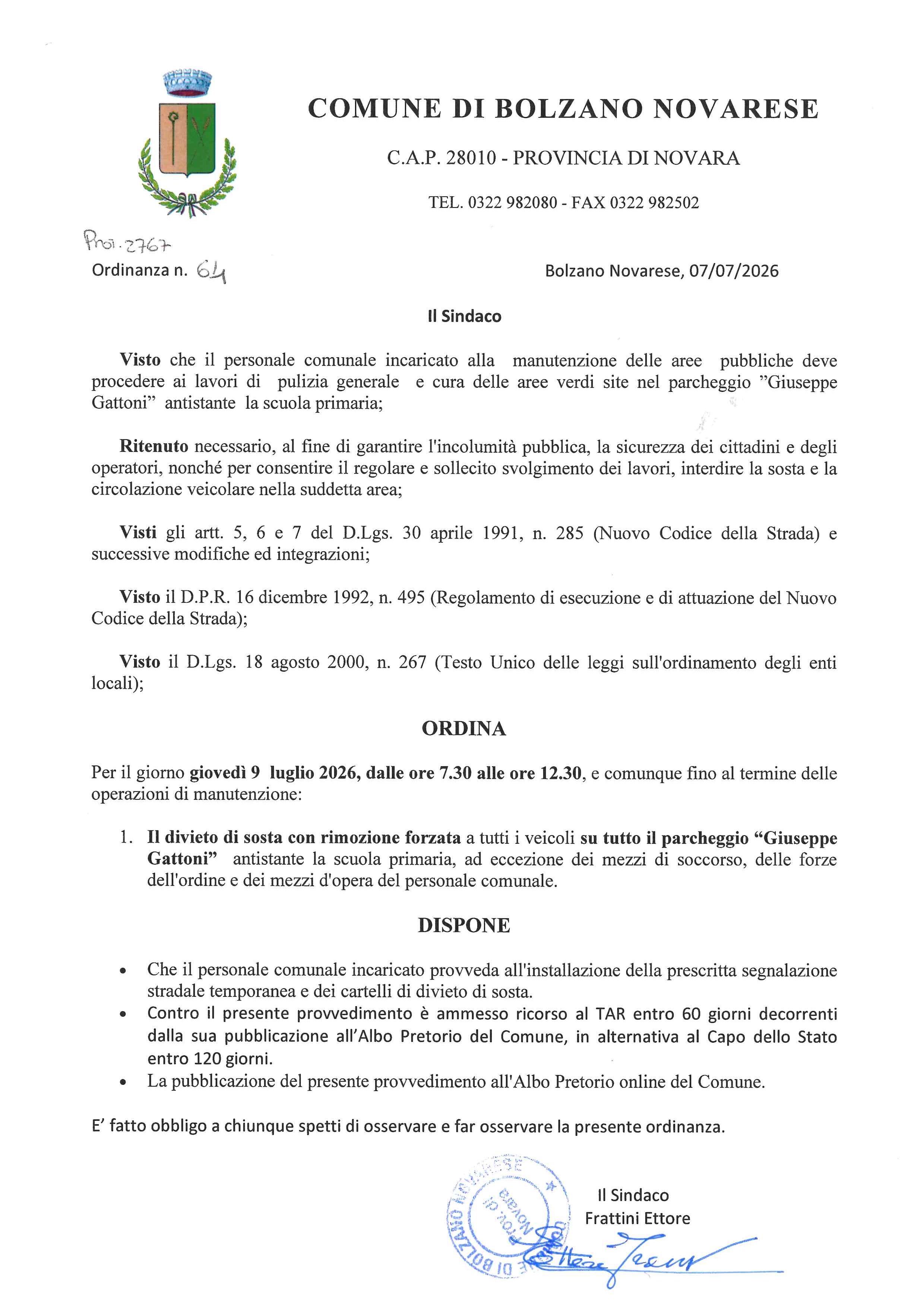 Ordinanza n. 64 del  07/07/2026