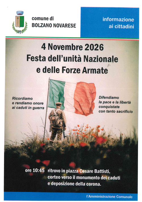 4 Novembre 2026
Festa dell'Unità Nazionale
e delle forze armate
4 Novembre 2026